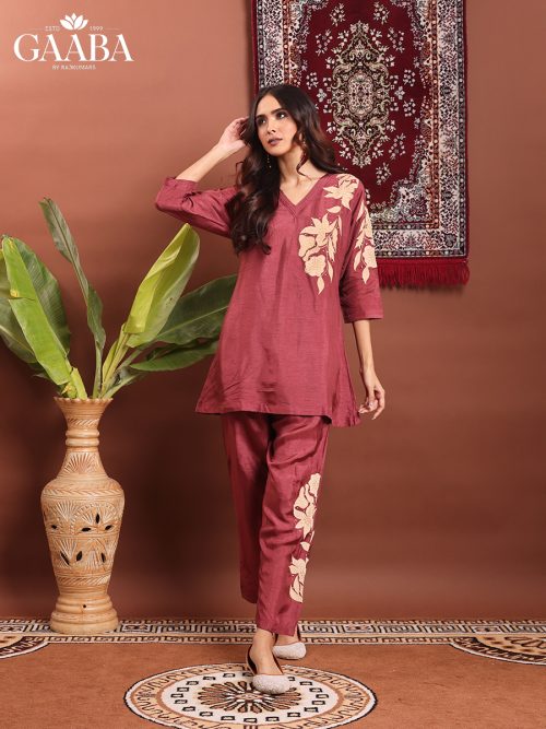 Timeless beauty maroon/plum co-ord set with applique work