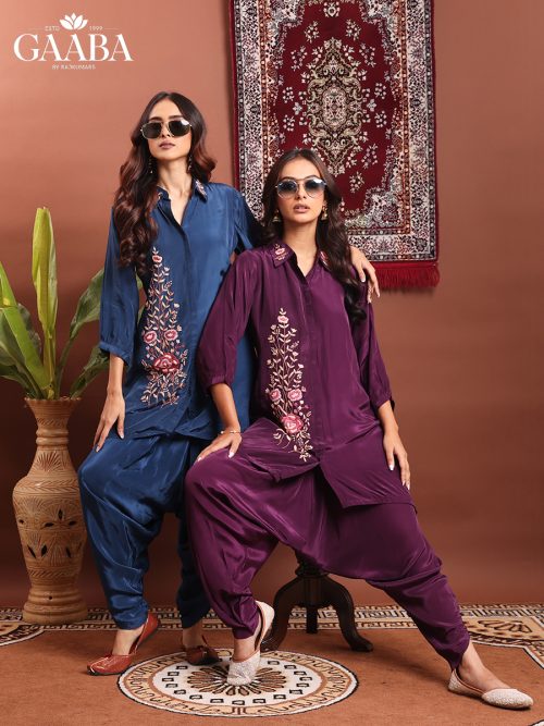 Burgundy/Blue color  crepe co-ord set with hand embroidery and dhoti pant