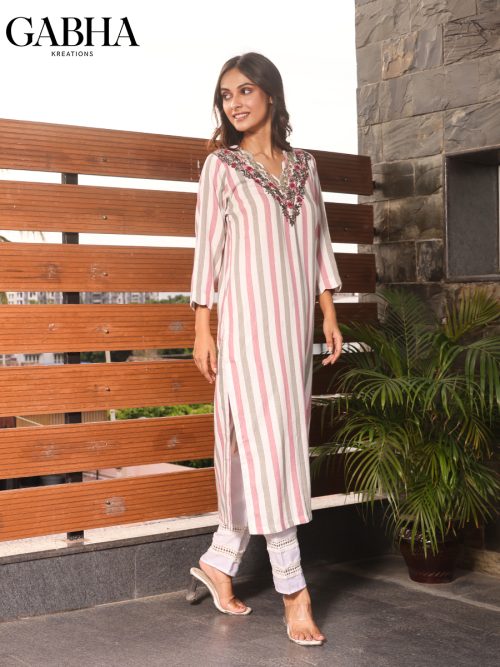 Cotton Embroidery Striped Kurti