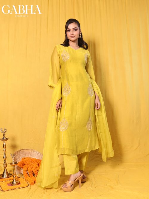 Mulchanderi Embroidery Plain Kurta Pant Dupatta