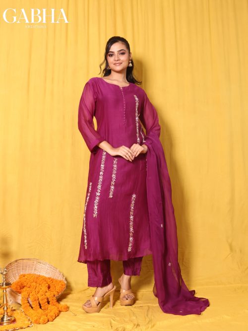 Mulchanderi Embroidery Plain Kurta Pant Dupatta