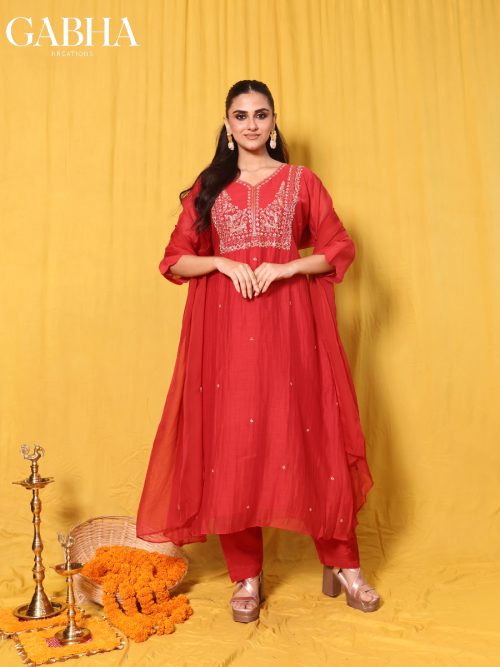 Mulchanderi Embroidery Plain Kurta Pant Dupatta