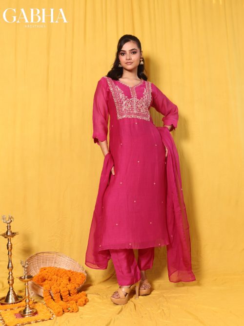 Mulchanderi Embroidery Plain Kurta Pant Dupatta