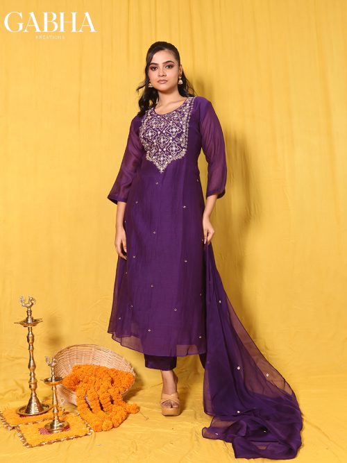 Mulchanderi Embroidery Plain Kurta Pant Dupatta