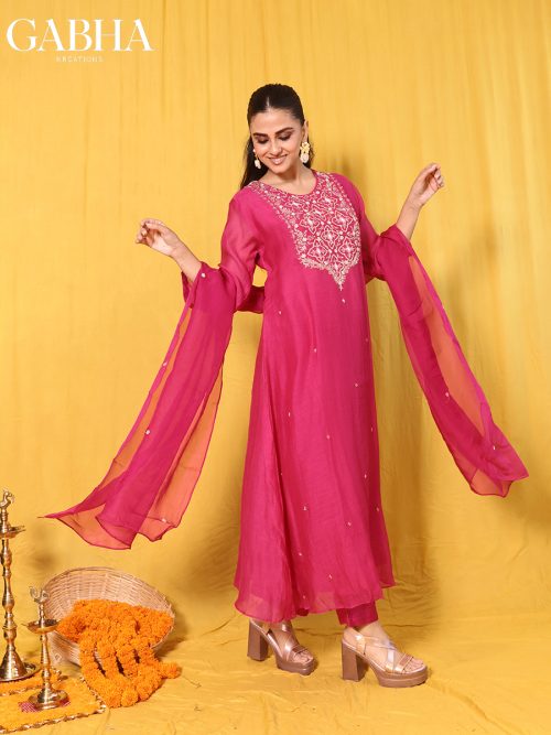Mulchanderi Embroidery Plain Kurta Pant Dupatta
