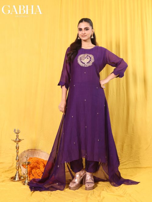 Mulchanderi Embroidery Plain Kurta Pant Dupatta