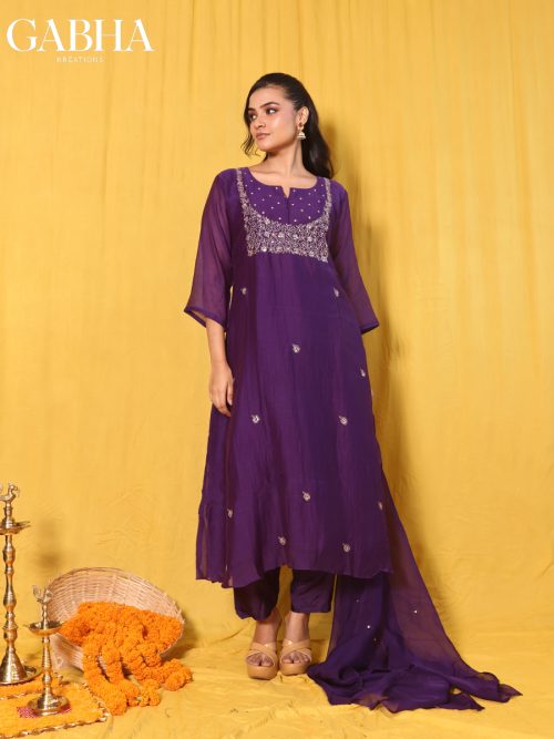 Mulchanderi Embroidery Plain Kurta Pant Dupatta