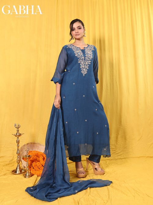 Mulchanderi Embroidery Plain Kurta Pant Dupatta