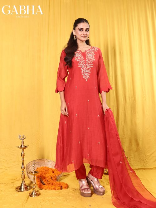Mulchanderi Embroidery Plain Kurta Pant Dupatta