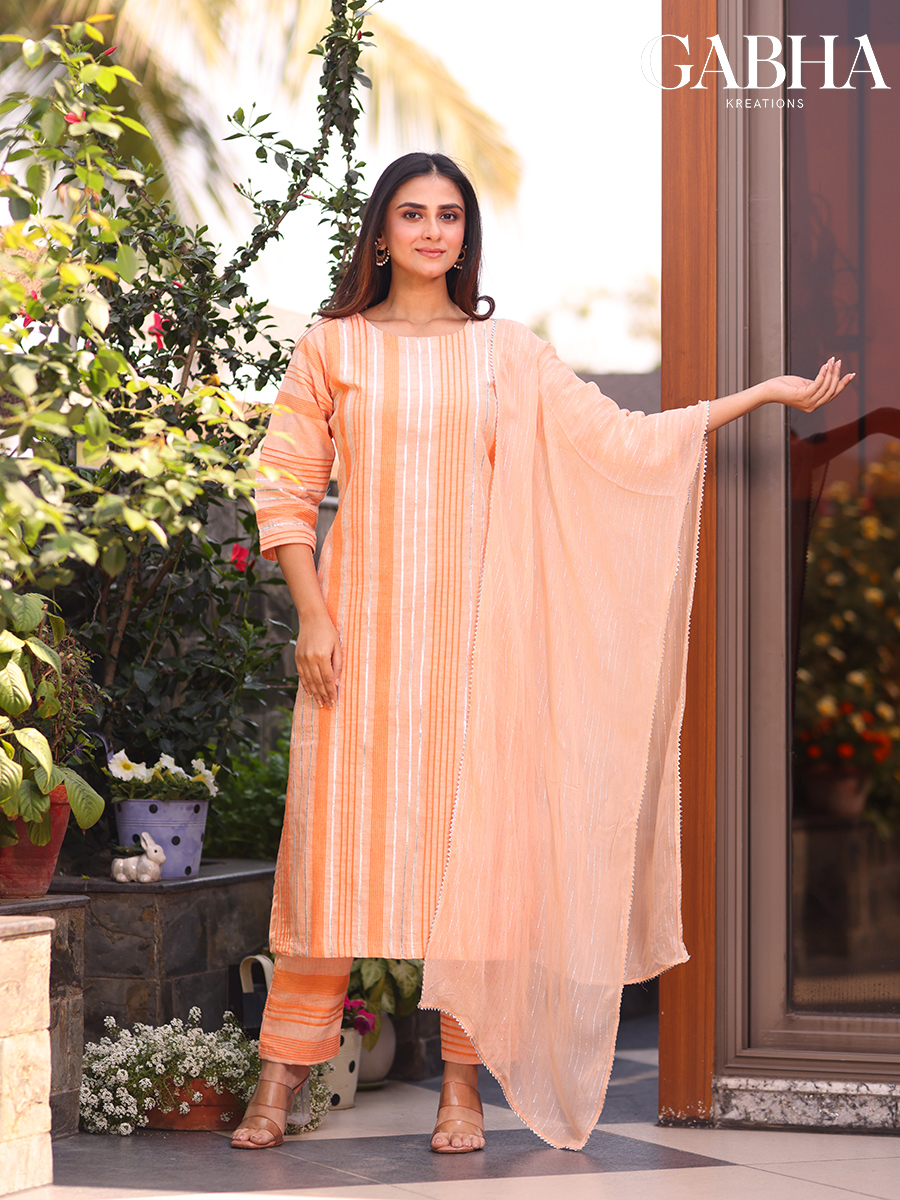 Cotton Striped Lacework Kurta Pant Dupatta