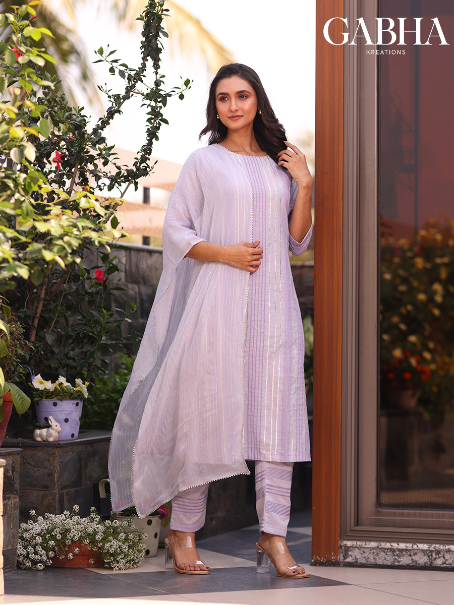 Cotton Striped Lacework Kurta Pant Dupatta