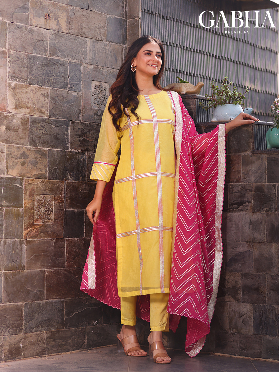Kota Lace Plain Kurta Pant Dupatta