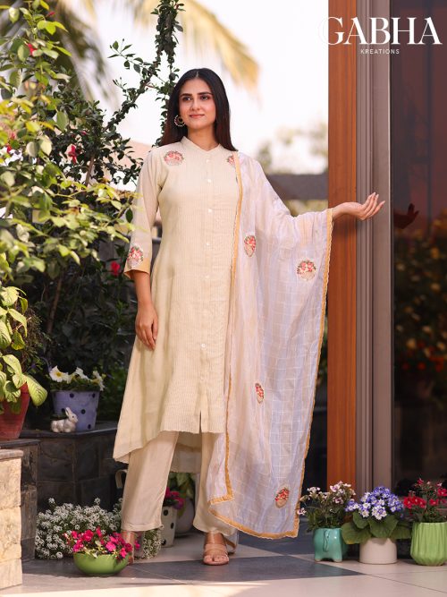 Chanderi Embroidery Plain Kurta Pant Dupatta