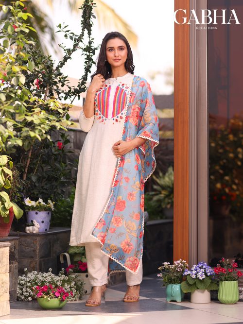 Cotton Embroidery Plain Kurta Pant Dupatta