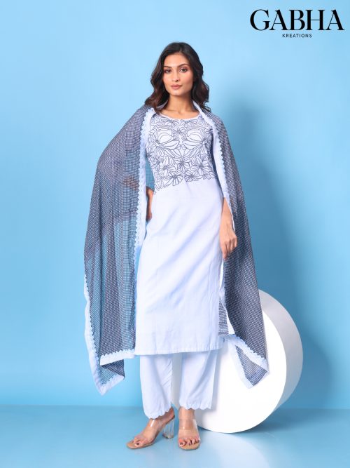 Cotton Embroidery Plain Kurta Pant Dupatta