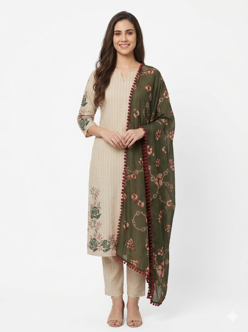 Cotton Embroidery Plain Kurta Pant Dupatta