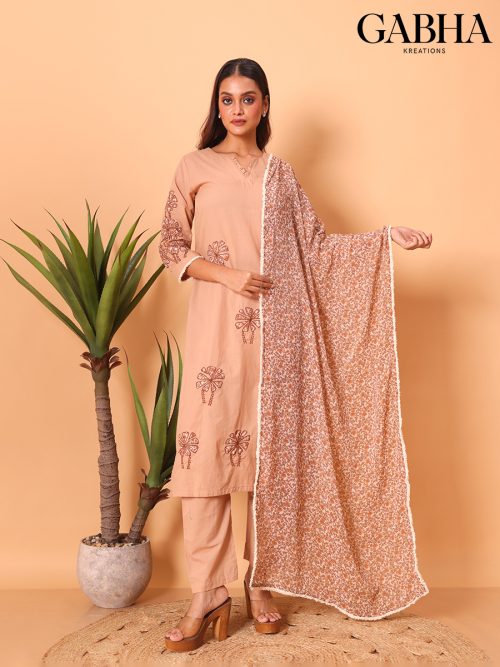 Cotton Embroidery Plain Kurta Pant Dupatta