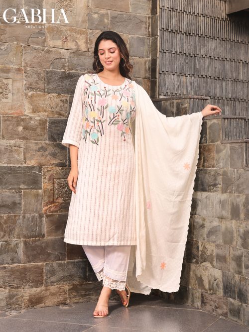 Cotton Embroidery Stripe Kurta Dupatta