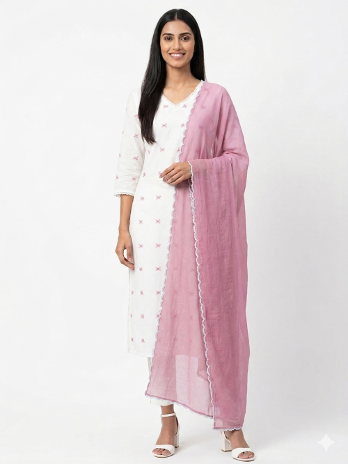 Cotton Embroidery Plain Kurta Dupatta