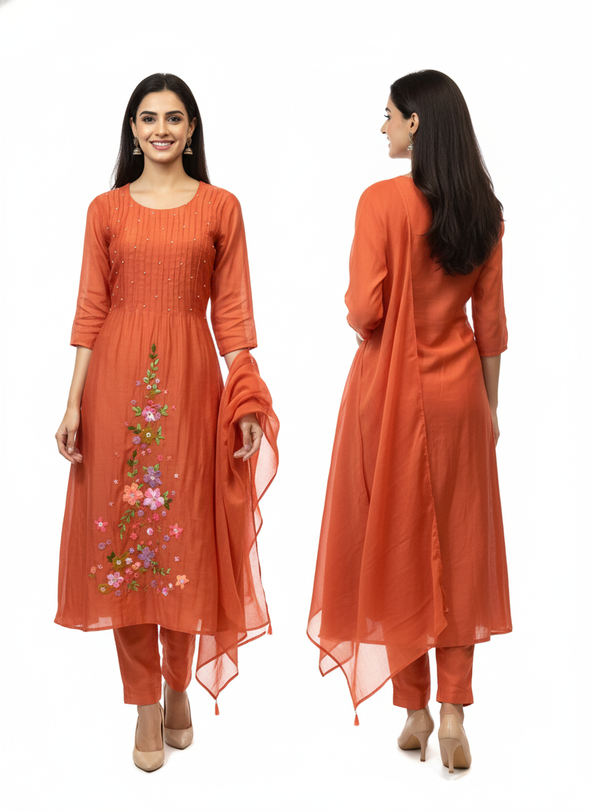 Mulchanderi Embroidery Plain Kurta Pant Dupatta