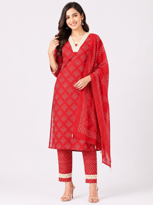 Cotton Printed Lace Kurta Pant Dupatta