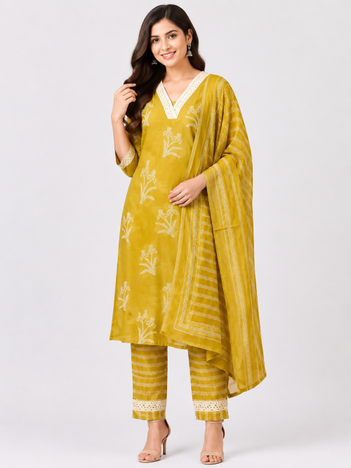 Cotton Printed Lace Kurta Pant Dupatta