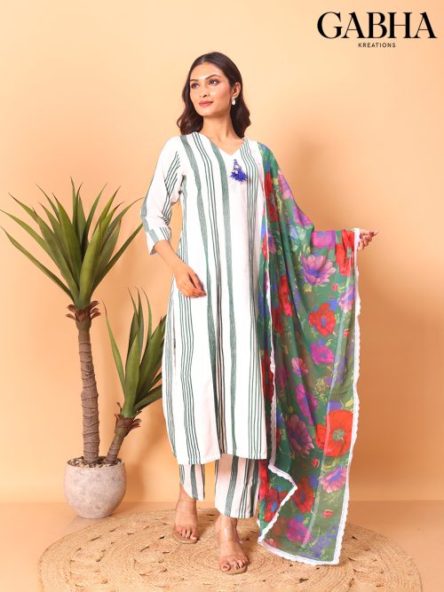 Cotton Striped Kurta Pant Dupatta