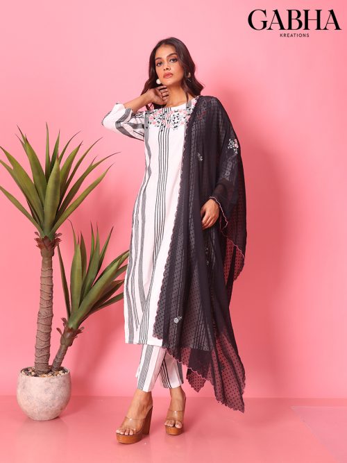 Cotton Embroidery Striped Kurta Pant Dupatta