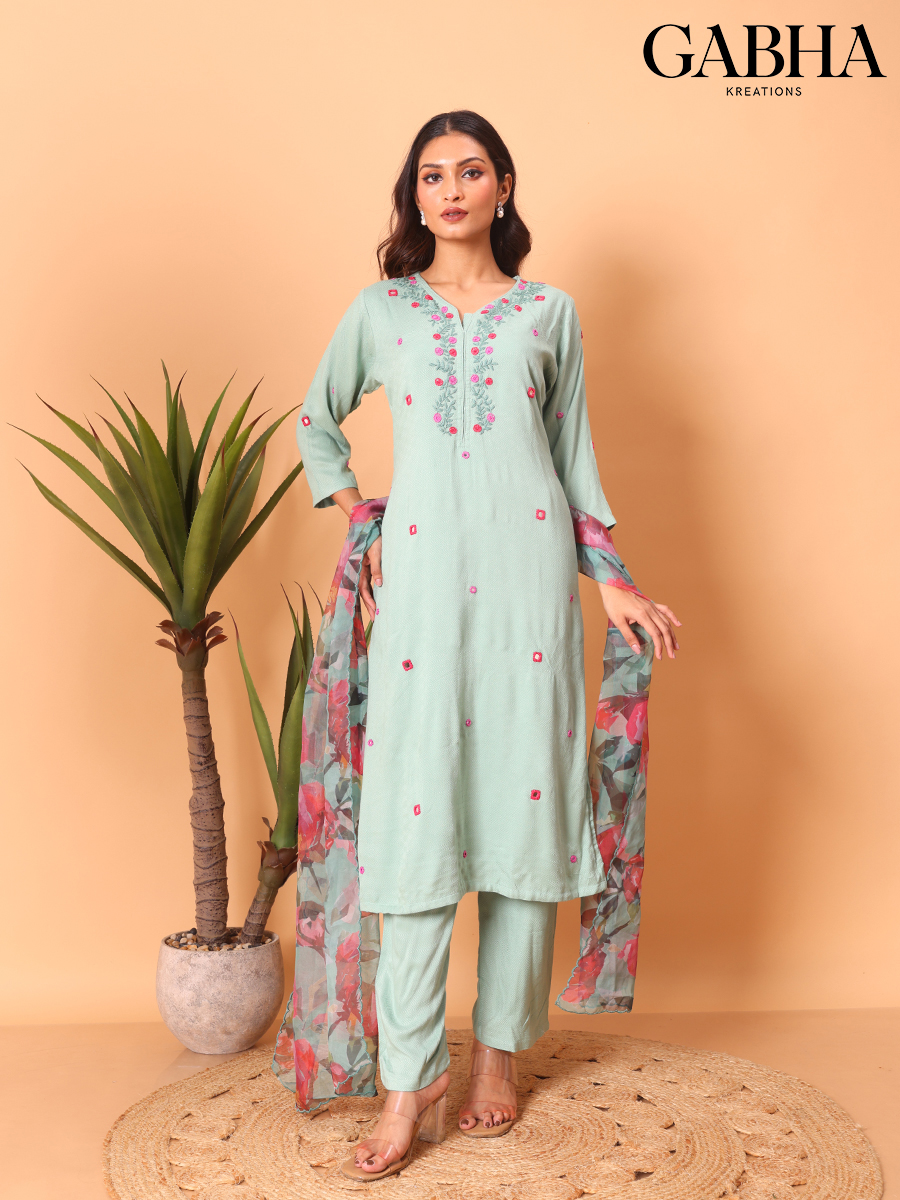 Cotton Embroidery Plain Kurta Pant Dupatta