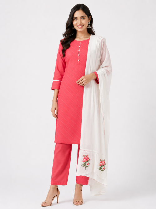 Cotton Embroidery Plain Kurta Pant Dupatta