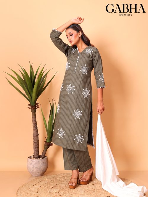 Cotton Embroidery Striped Kurta Pant Dupatta
