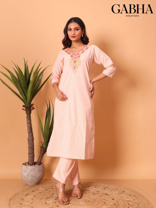 Cotton Embroidery Striped Kurta Pant