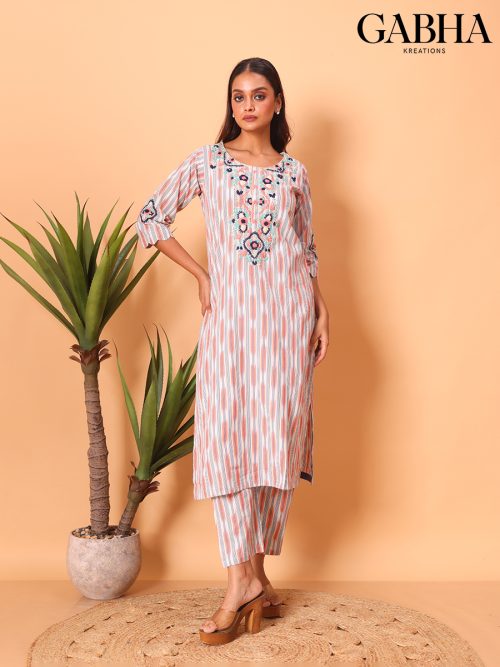 Cotton Embroidery Striped Kurta Pant