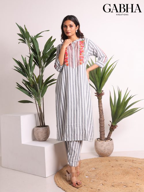 Cotton Embroidery Striped Kurta Pant