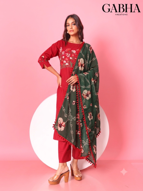 Cotton Embroidery Plain Kurta Pant Dupatta